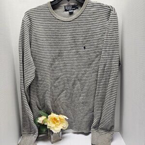 Polo Ralph Lauren Gray Blue Stripped Pony Logo Sweater Pullover Crew Neck Men XL